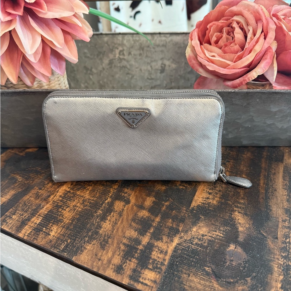 Prada Metallic Silver Saffiano Zippy Wallet